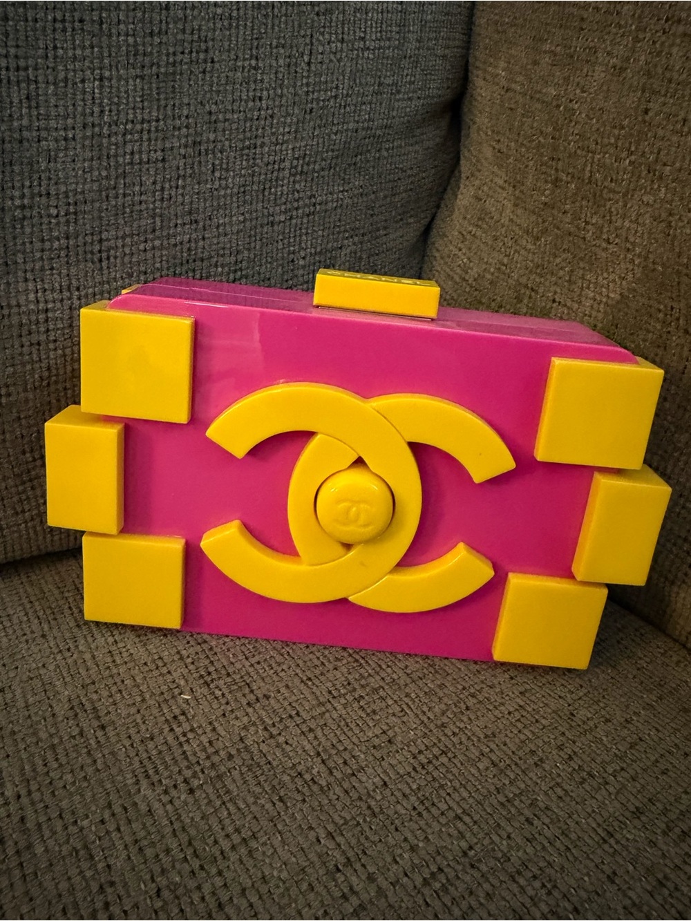 CHANEL Hot Pink and Bright Yellow Logo Box Clutch